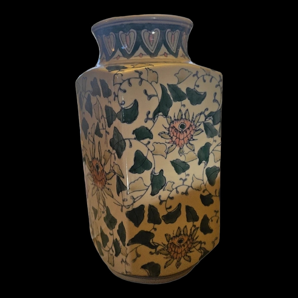 1970s Chinese Ceramic Vase with Pink Lotus Flowers/ Green Ivy 10"